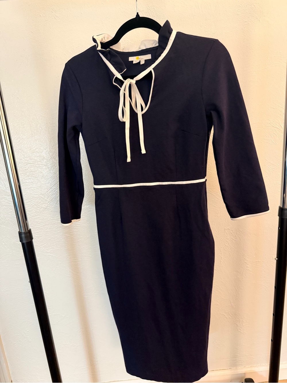 Boden Navy Dress with White Trim and Tie Neck
